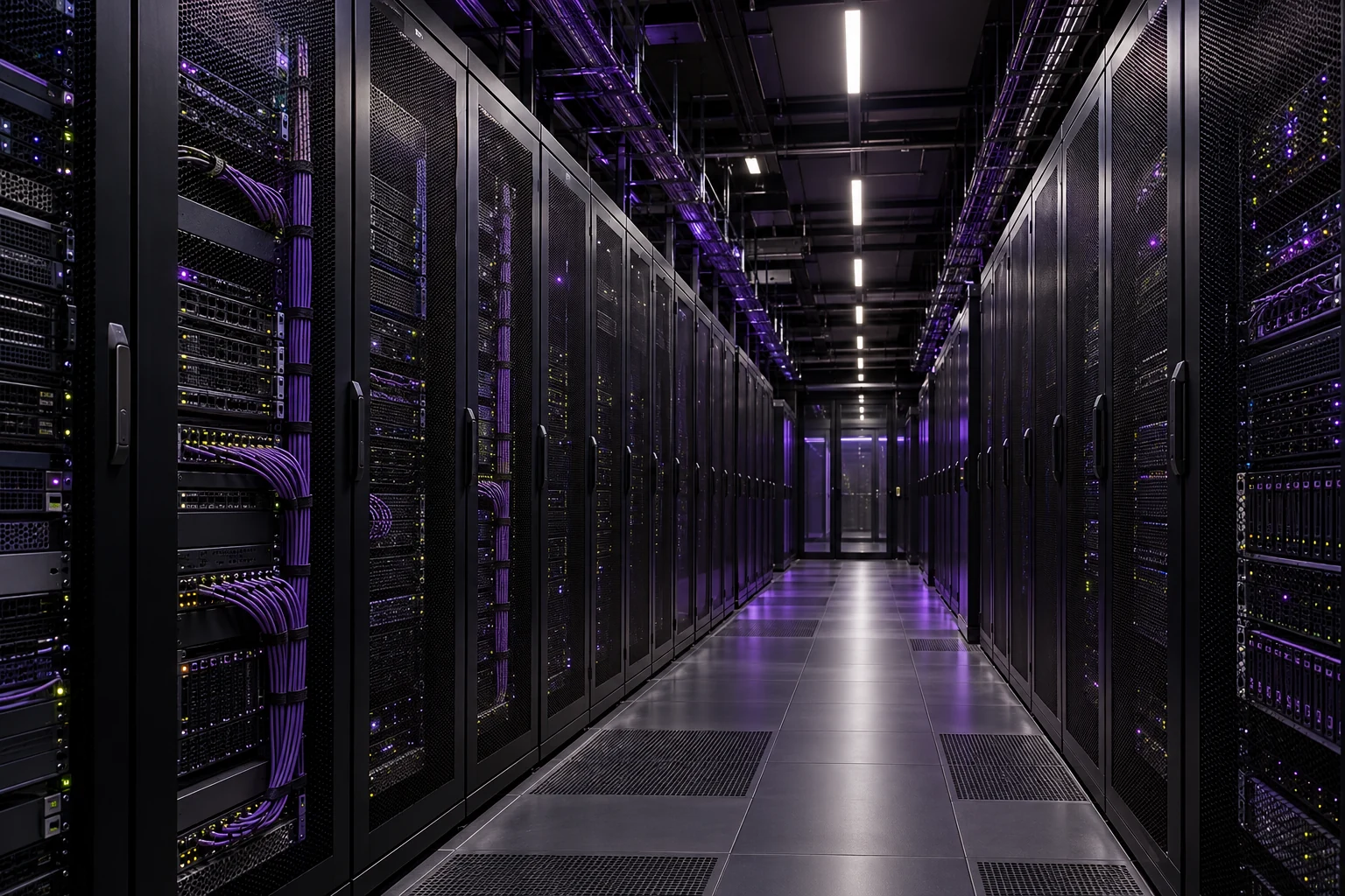 Illustrative data centre with server racks and violet lighting.