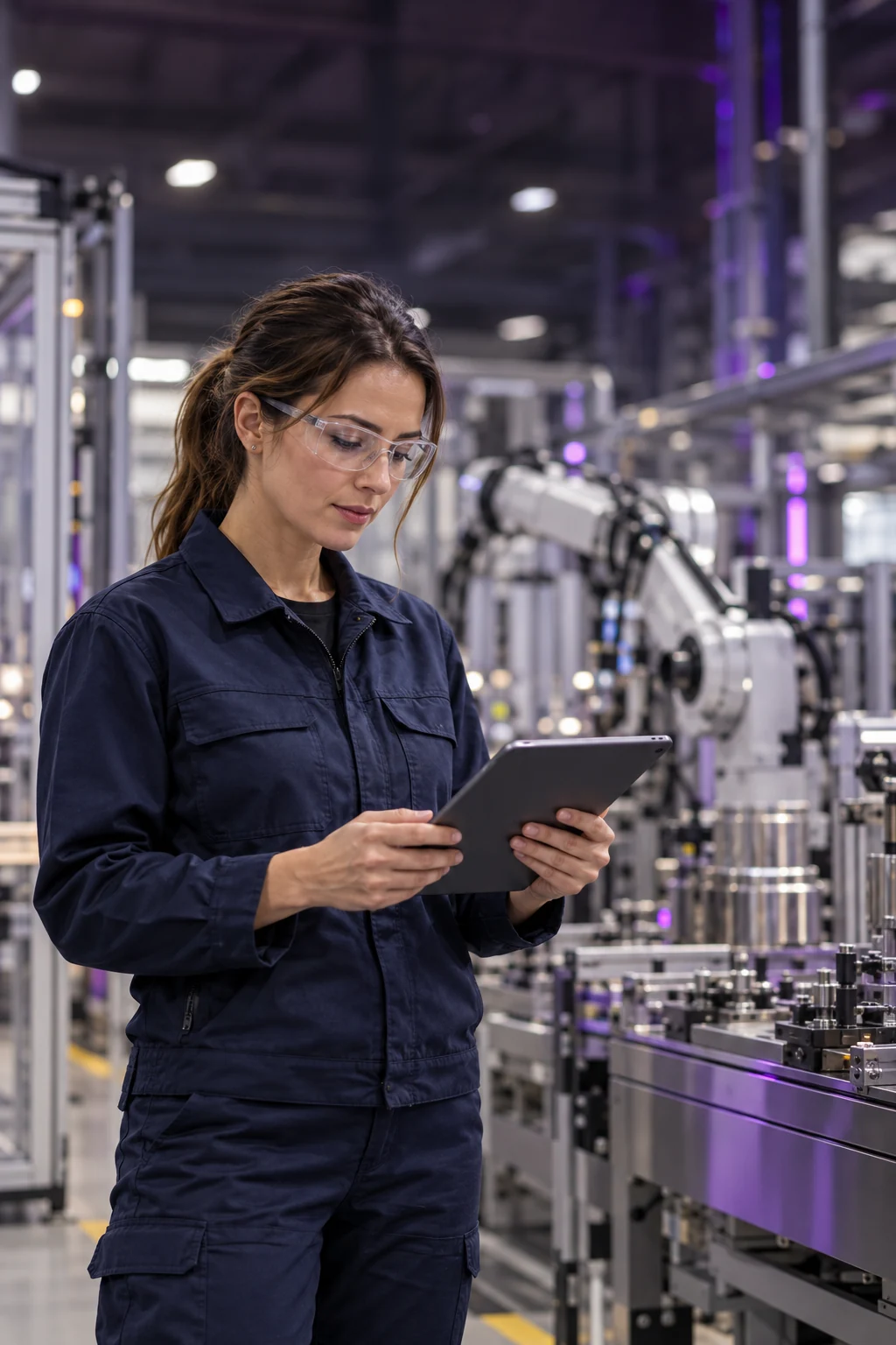Illustrative portrait of an industrial engineer reviewing a tablet.