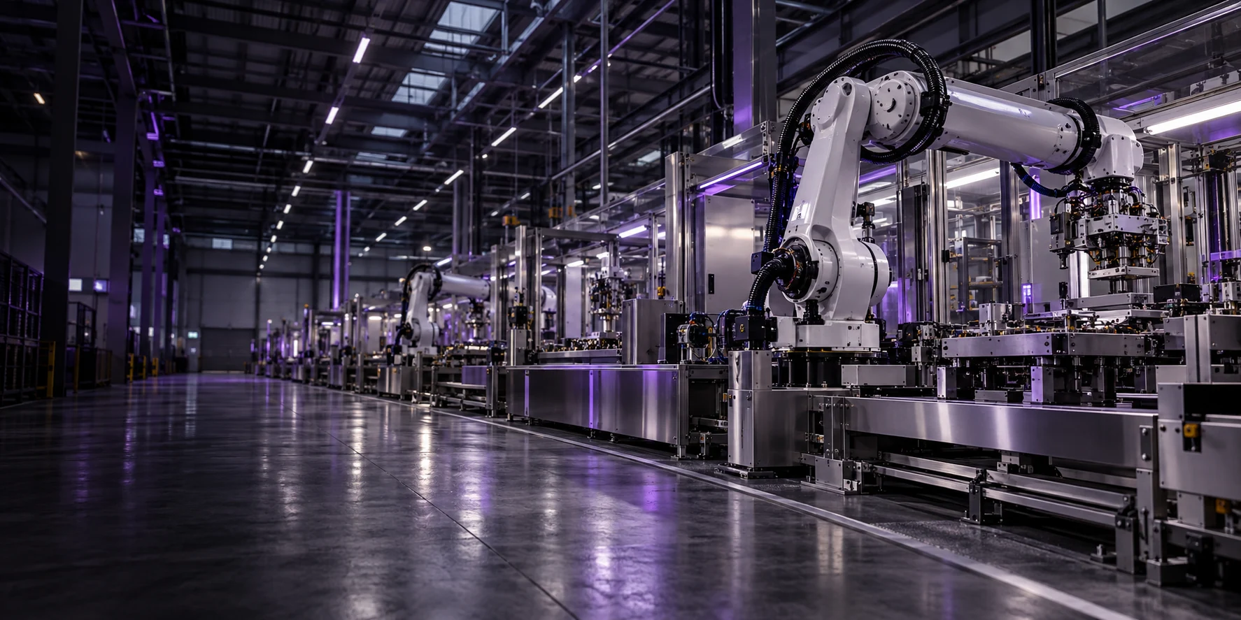 Illustrative automated manufacturing line with a robotic arm.