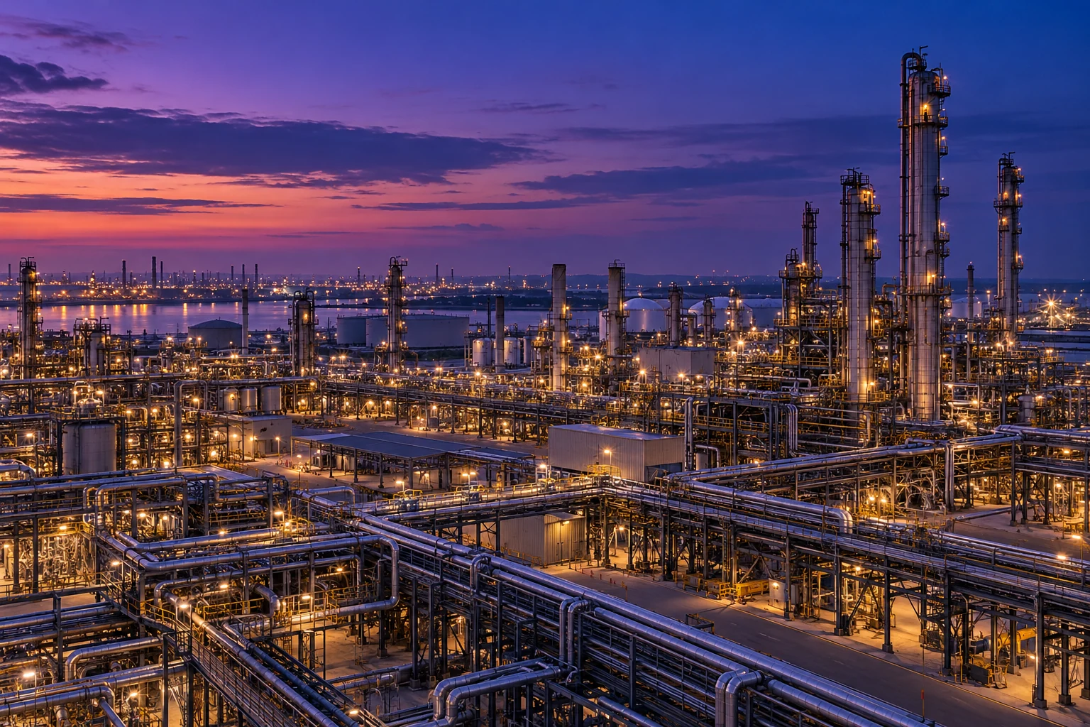 Illustrative process plant and refinery at blue hour.