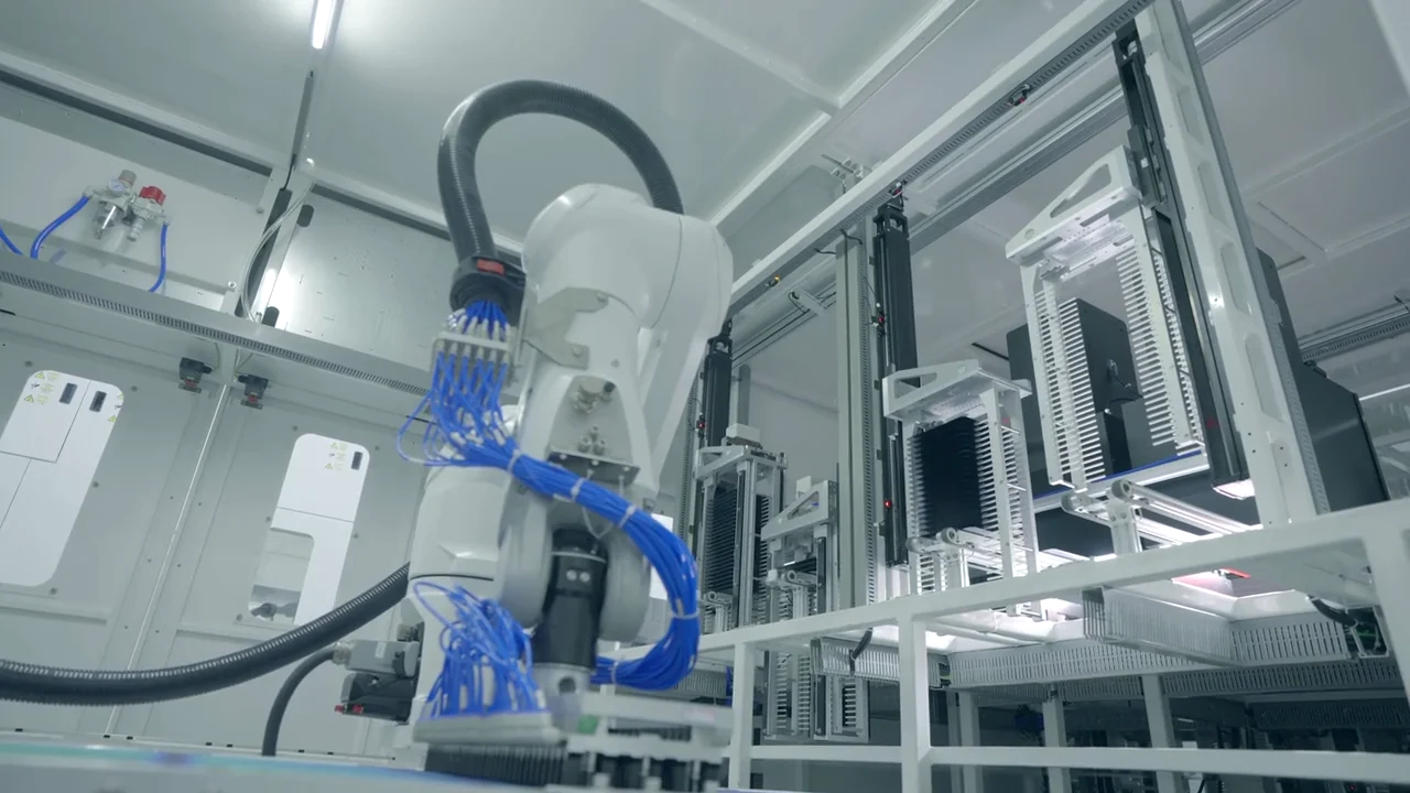 Illustrative robotic assembly arm inside a modern automated factory.